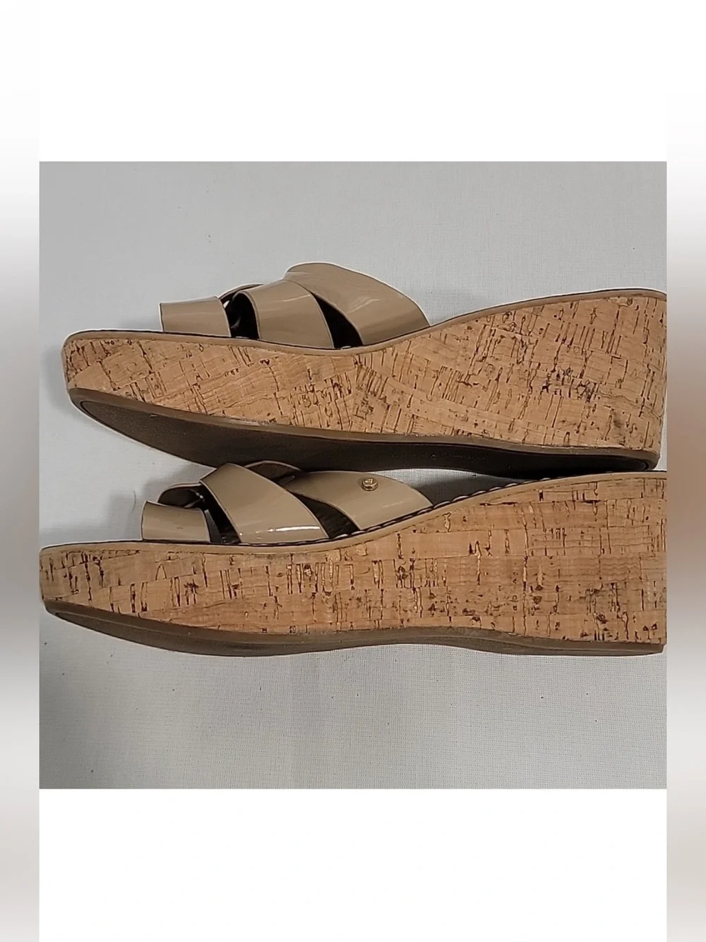 SAM EDELMAN Nude Raynere Patent Leather Cork Wedge Slip On Sandals